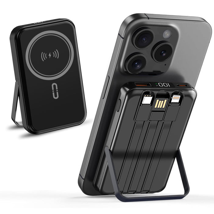 Alpha Digital SGLZL329B 10,000mAh Magnetic Wireless Power Bank with Metal Stand + Built-in Cables, Black
