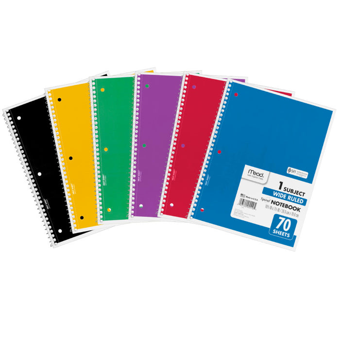 Mead MEA05510 Spiral Notebook, 1 Subject, Wide Ruled, 70 Sheets, 10 1/2" x 7 1/2"