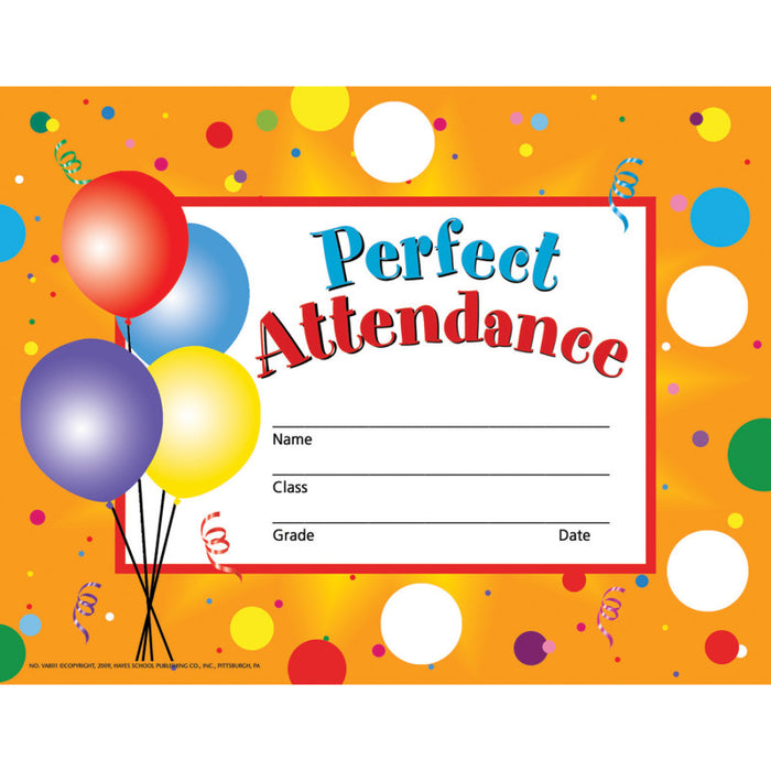 Hayes Publishing H-VA801 Perfect Attendance Certificates & Reward Seals - 30 8.5" x 11" Certificates, 160 Seals