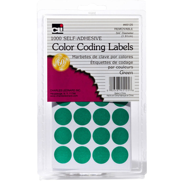 Charles Leonard CHL45125 Color Coding Dots, Self-Adhesive Labels, 0.75 Inch Diameter, Green, 1000-Count