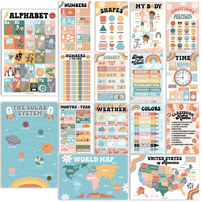 Hadley Designs HDDX004ACFGE5 Retro Boho Preschool Educational Laminated Posters For Toddlers, Set of 16