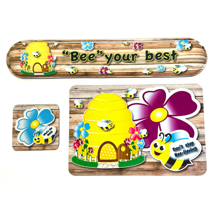 Ashley Productions ASH12521 The Original Fun Mat Computer Desk Mats, Set of 3, (1) Mouse Pad, (1) Keyboard Wrist Pad, (1) Coaster, Bee Your Best, Bee Themed Positive