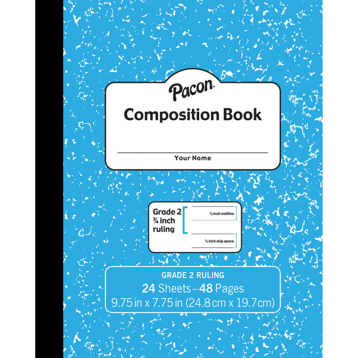 Pacon PACMMK37138 Composition Book, Grade 2, Blue Marble, 3/4" x 3/8" x 3/8" Ruled, 9-3/4" x 7-3/4", 24 Sheets