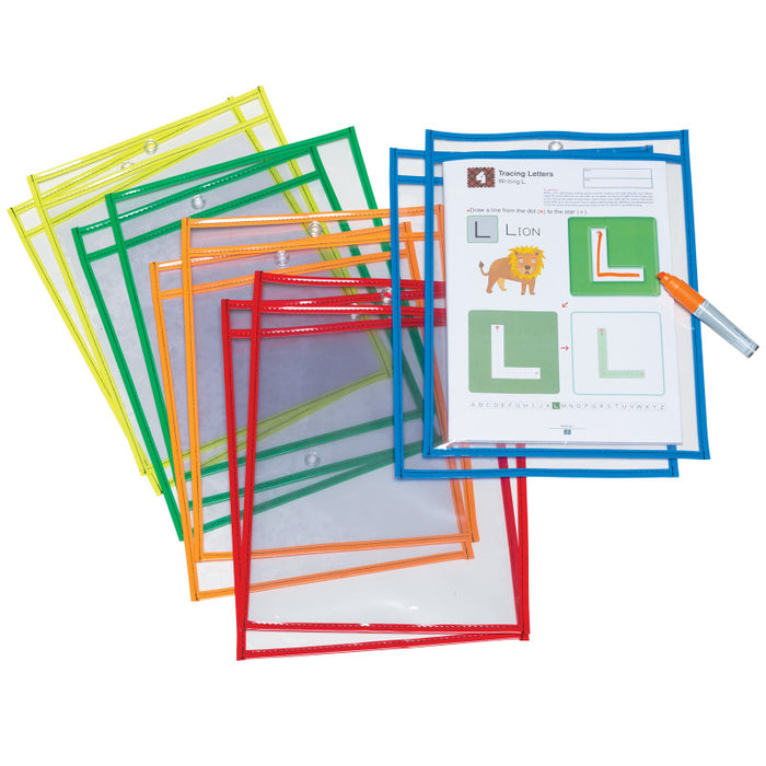 Pacon PACAC9869 Dry Erase Pockets, 5 Assorted Bright Colors, 10" x 13-1/2", 10 Pockets