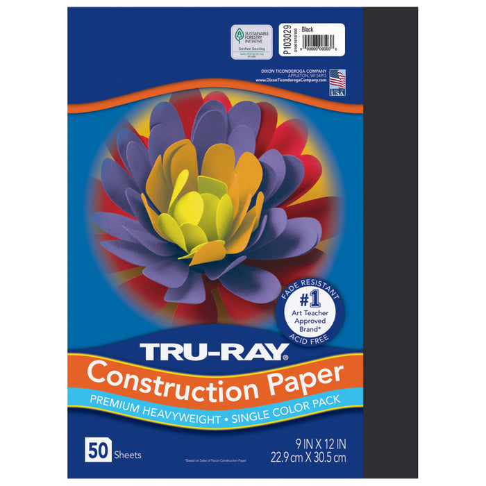 Tru-Ray PAC103029 Construction Paper, Heavyweight, Black, 9" x 12", 50 Sheets