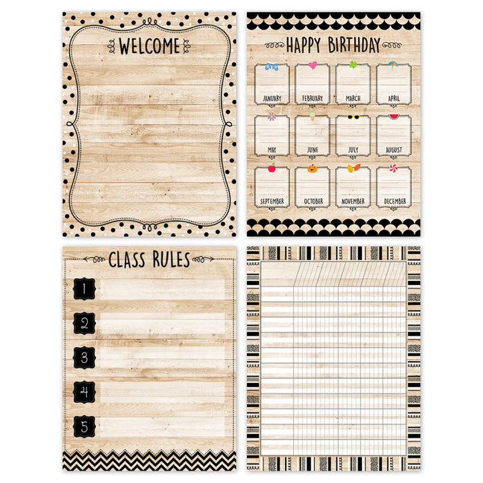 Creative Teaching Press CTP10990 Core Decor Black, White, and Wood Classroom Essentials 4-Chart Pack