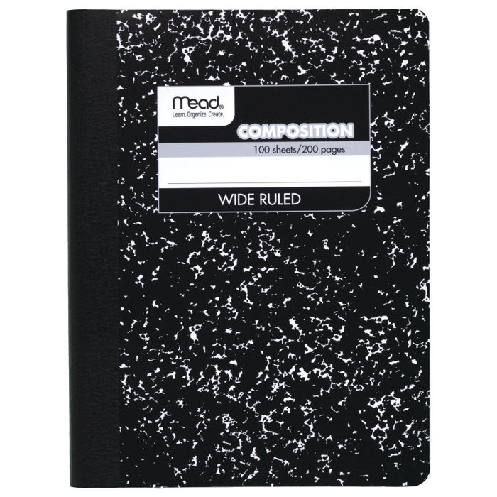 Mead MEA09910 Composition Book, Wide Ruled, 100 Sheets, 9 3/4" x 7 1/2", Black Marble