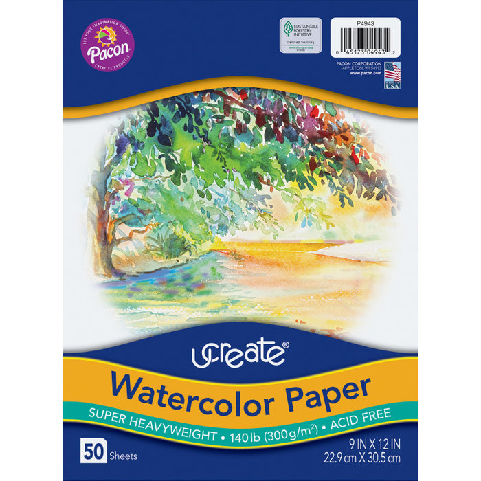 UCreate PAC4943 Watercolor Paper, White, Package, 140 lb., 9" x 12", 50 Sheets