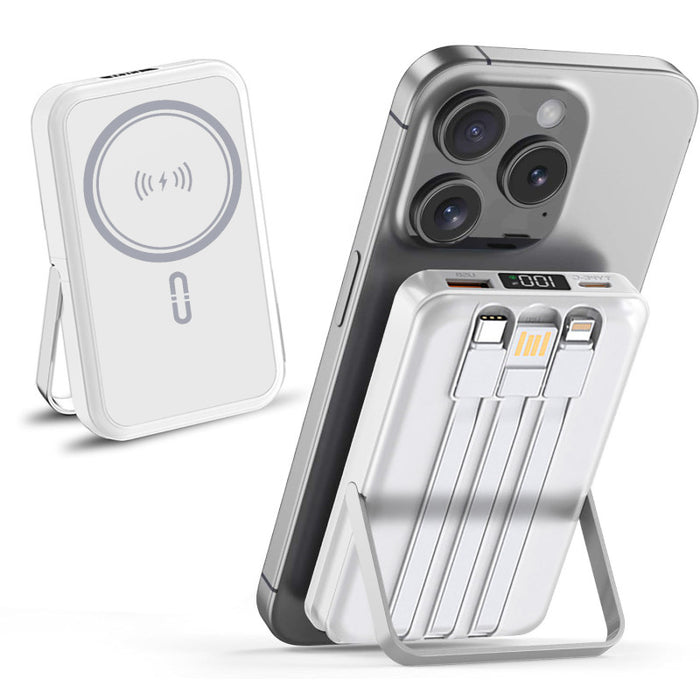 Alpha Digital SGLZL329W 10,000mAh Magnetic Wireless Power Bank with Metal Stand + Built-in Cables, White