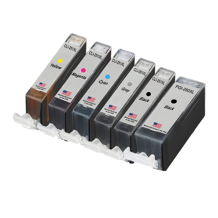 U.S. Remanufactured for Canon PGI-250XL Black / CLI-251XL 5 Color Combo 6 Pack