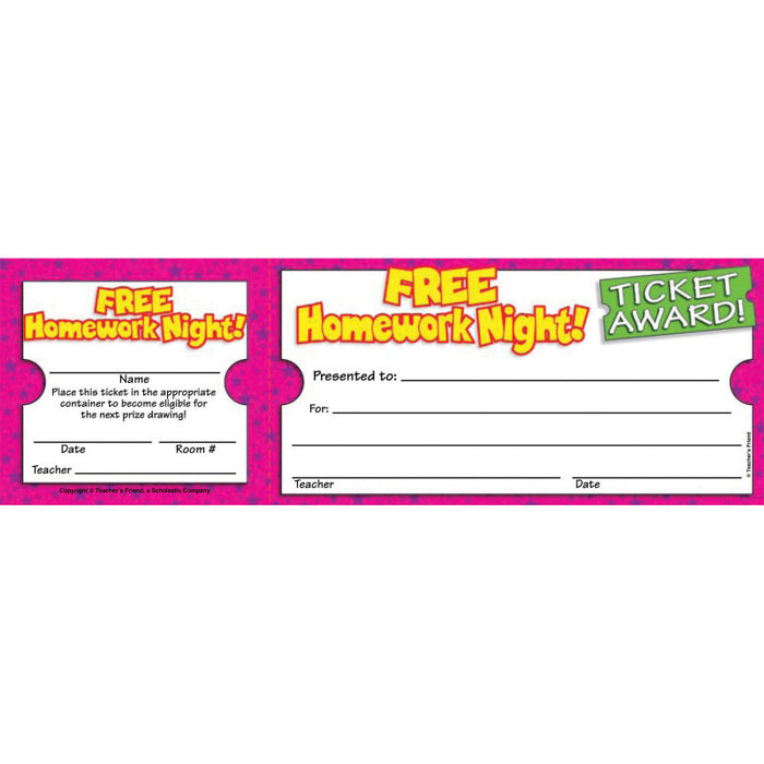 Scholastic TF-1617 Ticket Awards, Free Homework Night!, Pack of 100