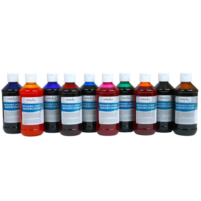 Handy Art RPC882275 Washable Liquid Watercolors, 8oz, 10-Color Basic Kit