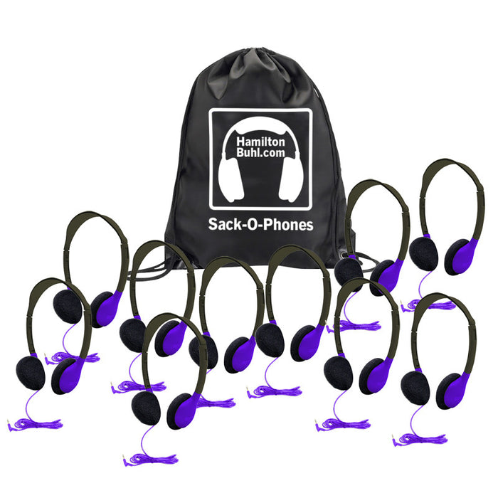 HamiltonBuhl HECSOPHA2PPL Sack-O-Phones, 10 Personal Headphones in a Carry Bag, Purple