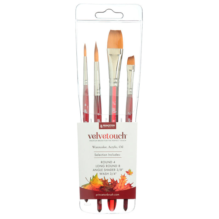 Princeton PBXP3950SET100 Velvetouch Mixed Media Brush Set, Synthetic Bristles, Short Handle Mixed Media Paintbrush, Scarlet, 4 Pieces