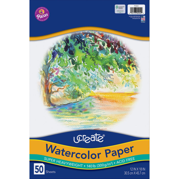 UCreate PAC4944 Watercolor Paper, White, 140 lb., 12" x 18", 50 Sheets