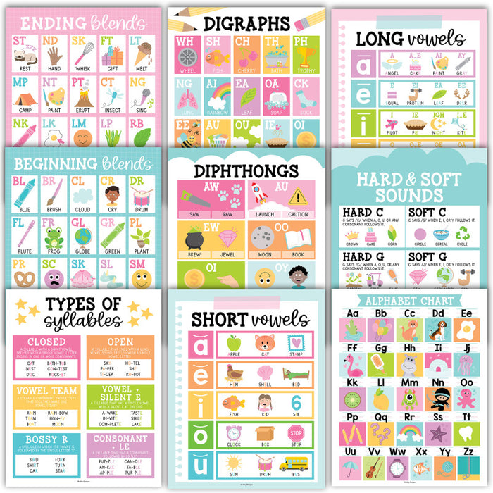 Hadley Designs HDDX004ACFGFJ Colorful Sound Wall Phonics and Vowels English Posters, Set of 9