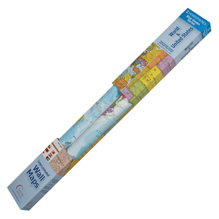 Hemispheres RWPHMB02PK Blue Ocean Series World/USA Laminated Wall Maps, 2-Pack