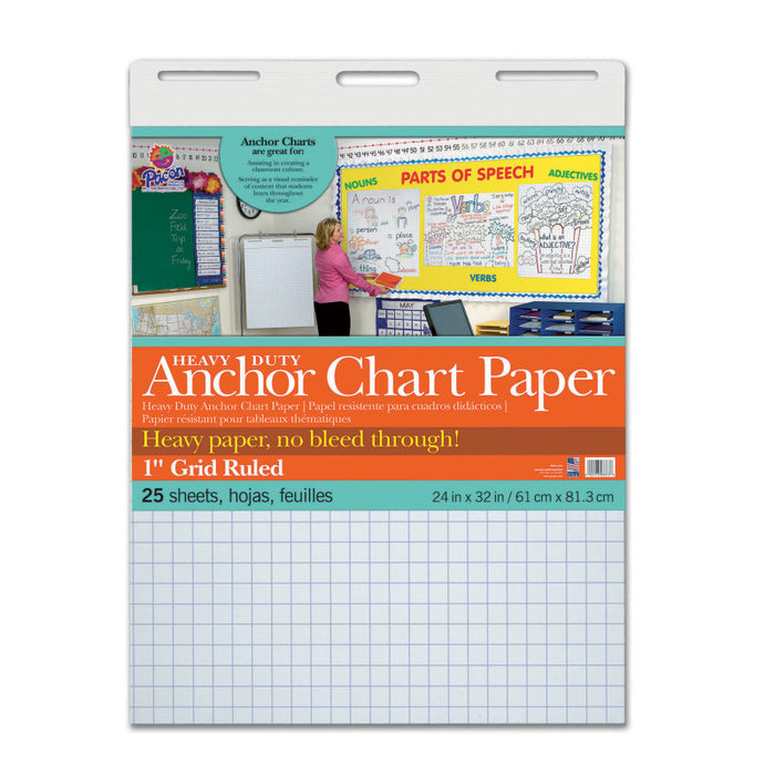 Pacon PAC3373 Heavy Duty Anchor Chart Paper, Non-Adhesive, White, 1" Grid Ruled 24" x 32", 25 Sheets