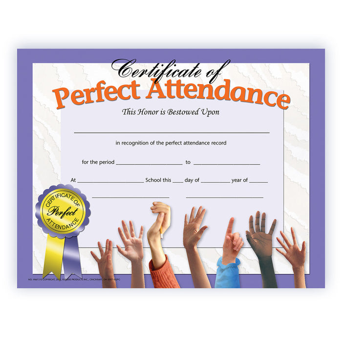 Hayes Publishing H-VA613 Certificate of Perfect Attendance, 8.5" x 11", Pack of 30