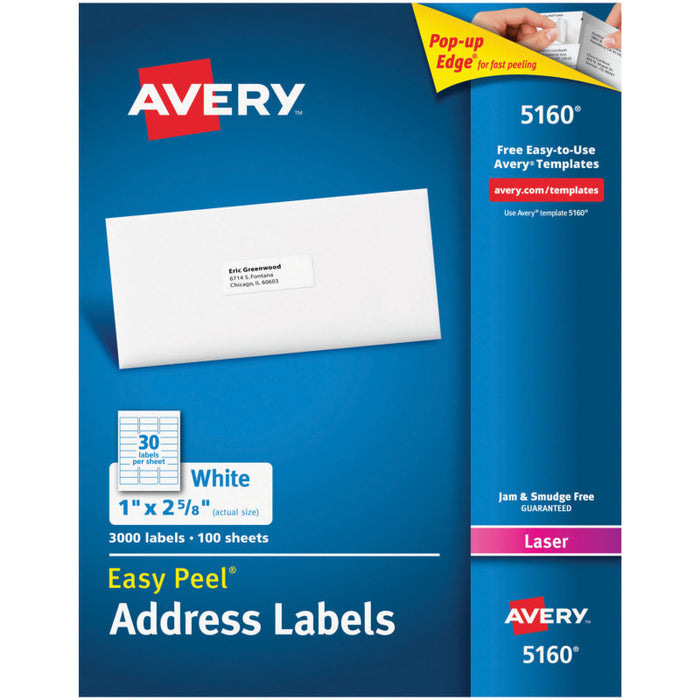 Avery AVE05160 Easy Peel Address Labels, Permanent Adhesive, 1" x 2-5/8", 3000 Labels