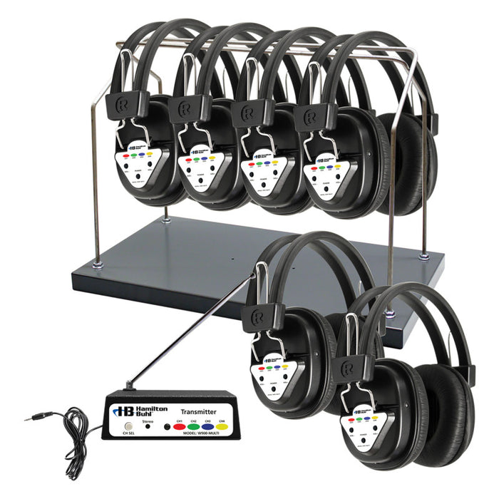 HamiltonBuhl HECHHW906MULTI AudioFlow&trade; Wireless 6-Person Listening Center with Multi-Frequency Transmitter, Wireless Headphones & Rack