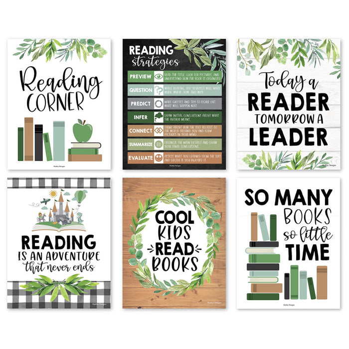 Hadley Designs HDDX004A2EQ5P Farmhouse Greenery Reading Posters For Classroom Library Decor, Set of 6