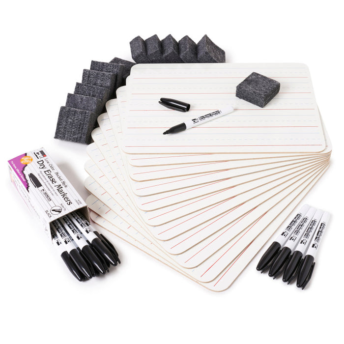 Charles Leonard CHL35025 Dry Erase Classpack, Lined 1-Sided Boards, Markers & Erasers, Pack of 12