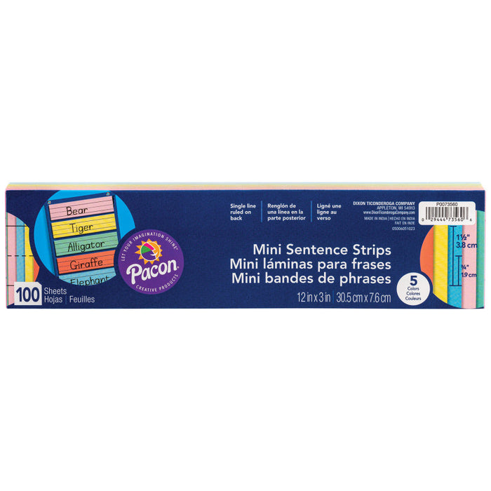 Pacon PAC73560 Mini Sentence Strips, 5 Assorted Colors, 1-1/2" x 3/4" Ruled, 3" x 12", 100 Strips