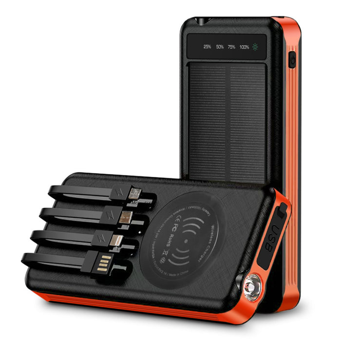Alpha Digital SGLZL809O 10000mAh Solar Power Bank with Wireless Charging and Built-in Cables, Orange