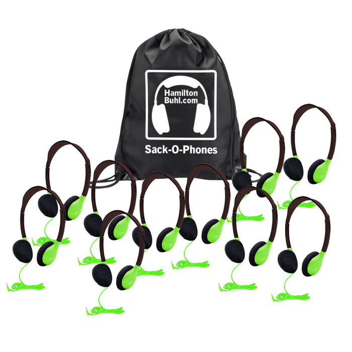 HamiltonBuhl HECSOPHA2GRN Sack-O-Phones, 10 Personal Headphones in a Carry Bag, Green