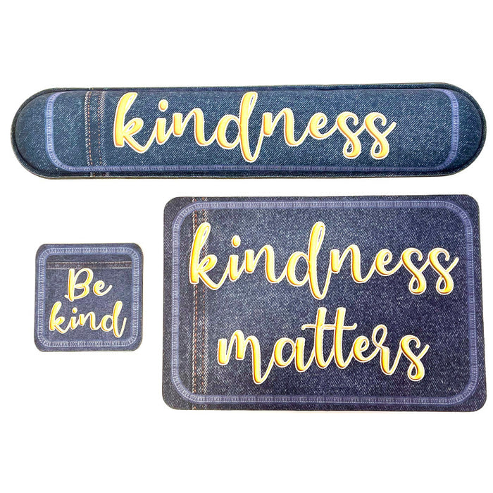 Ashley Productions ASH12523 The Original Fun Mat Computer Desk Mats, Set of 3, (1) Mouse Pad, (1) Keyboard Wrist Pad, (1) Coaster, Kindness Themed, Denim