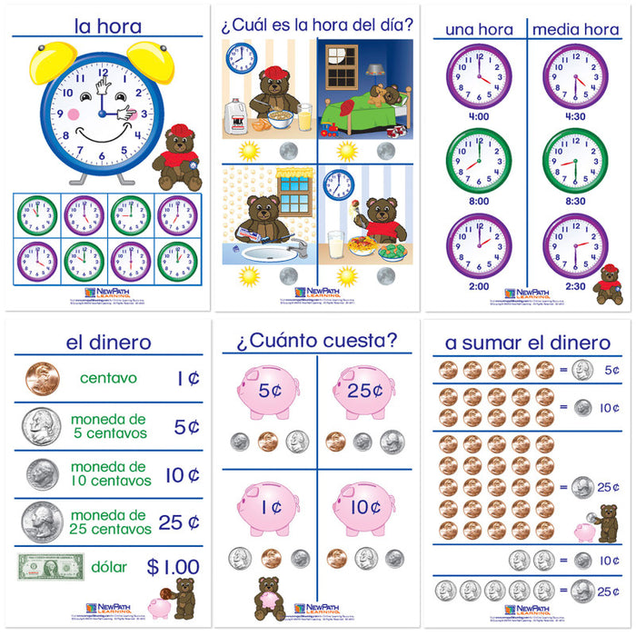 NewPath Learning NP-930325 Time & Money Bulletin Board Charts, Set of 6, Spanish Edition