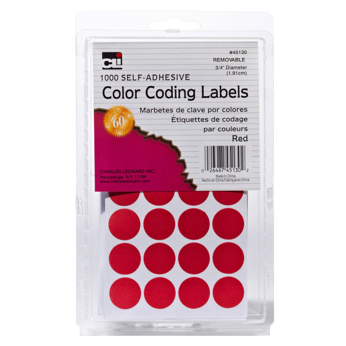 Charles Leonard CHL45130 Color Coding Dots, Self-Adhesive Labels, 0.75 Inch Diameter, Red, Box of 1000