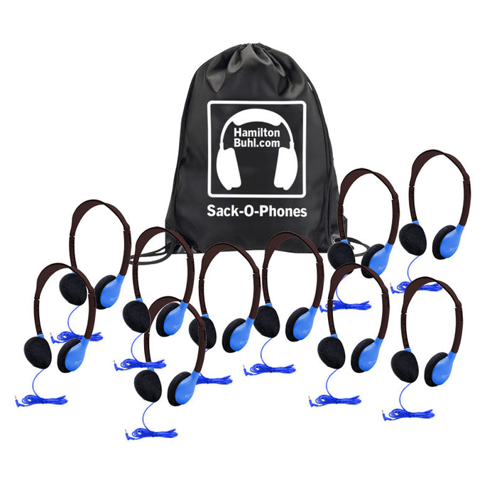 HamiltonBuhl HECSOPHA2BLU Sack-O-Phones, 10 Personal Headphones in a Carry Bag, Blue