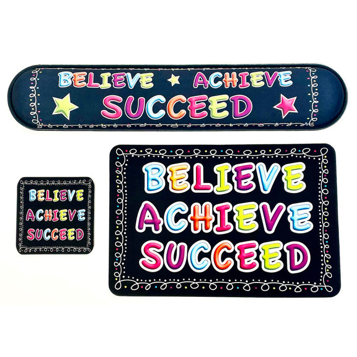 Ashley Productions ASH12522 The Original Fun Mat Computer Desk Mats, Set of 3, (1) Mouse Pad, (1) Keyboard Wrist Pad, (1) Coaster, Believe, Achieve, Succeed, Chalk Loops
