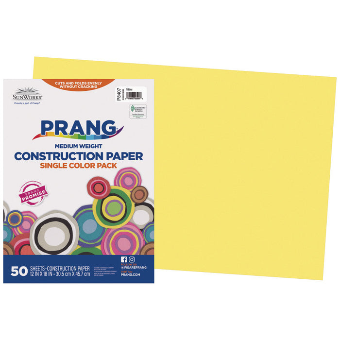 Prang PAC8407 Construction Paper, Medium Weight, Yellow, 12" x 18", 50 Sheets
