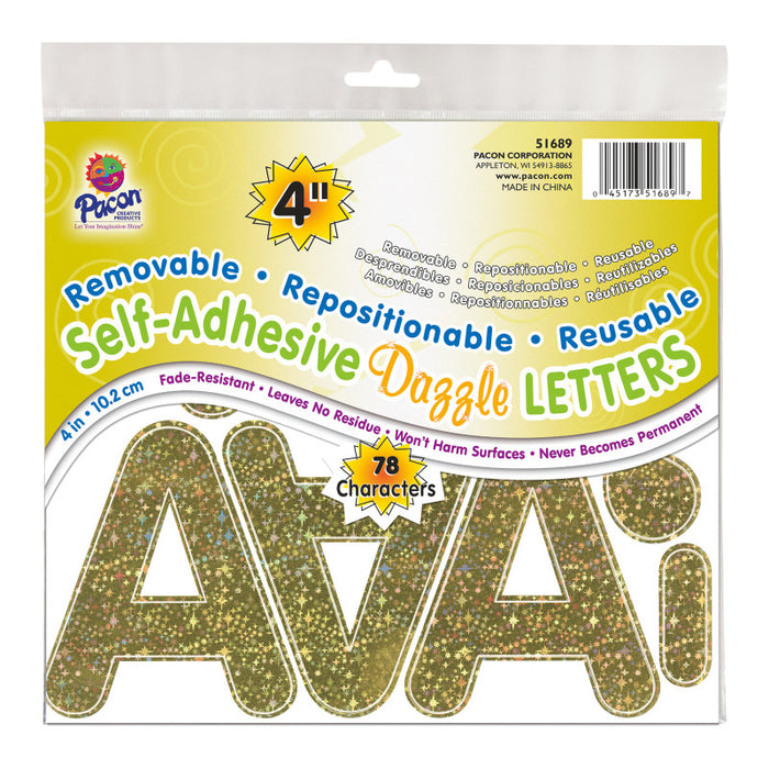 Pacon PAC51689 Self-Adhesive Letters, Gold Dazzle, Puffy Font, 4", 78 Characters