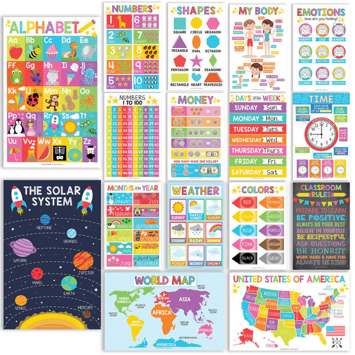 Hadley Designs HDDX004ACAK4L Colorful Preschool Educational Laminated Posters For Toddlers, Set of 16