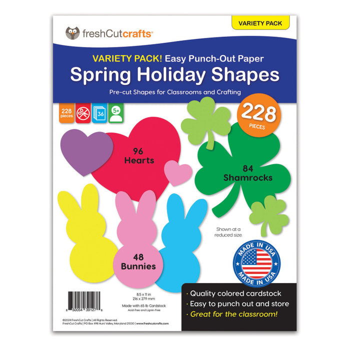 FreshCut Crafts FCC850054391278 Punch Out Paper Cutouts, Spring Holiday Shapes, Valentine Hearts, Shamrocks & Easter Bunny, 228 Pieces