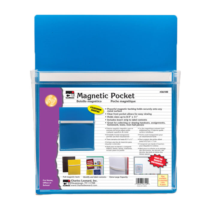Charles Leonard CHL26100 Magnetic Pocket, 9-1/2" Wide x 11-3/4" High, Blue, 1 Each