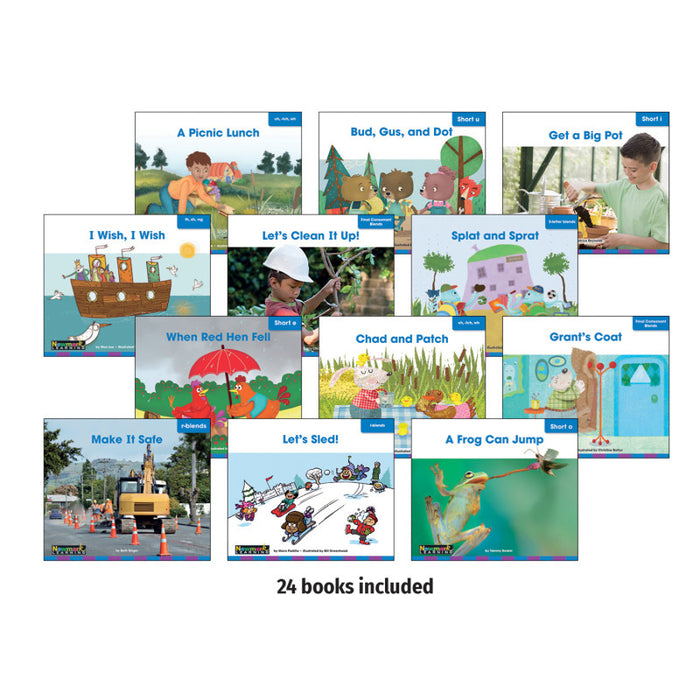 Newmark Learning NL-6833 Decodable Readers Grade 1 Short Vowels, Consonant Blends, and Digraphs, 24 Books
