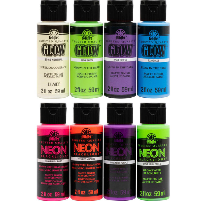 FolkArt FLKPROMOFAGLOW8 Acrylic Paint Set, 2oz., Neon & Glow In The Dark, 8-Piece Set