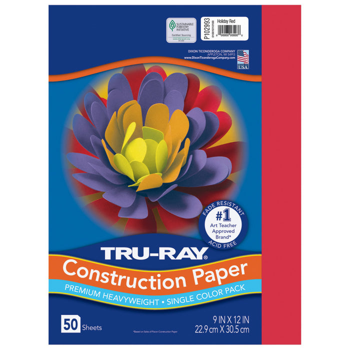 Tru-Ray PAC102993 Construction Paper, Heavyweight, Holiday Red, 9" x 12", 50 Sheets