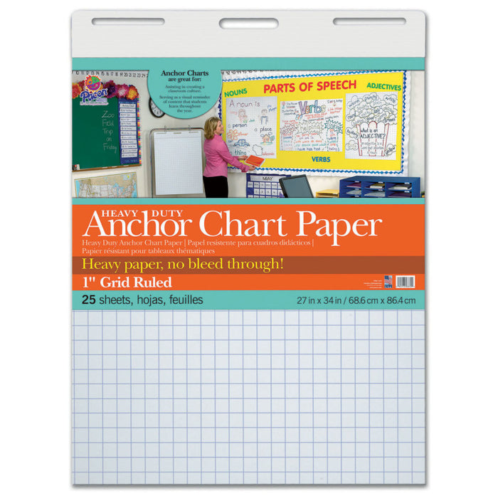 Pacon PAC3372 Heavy Duty Anchor Chart Paper, Non-Adhesive, White, 1" Grid Ruled 27" x 34", 25 Sheets