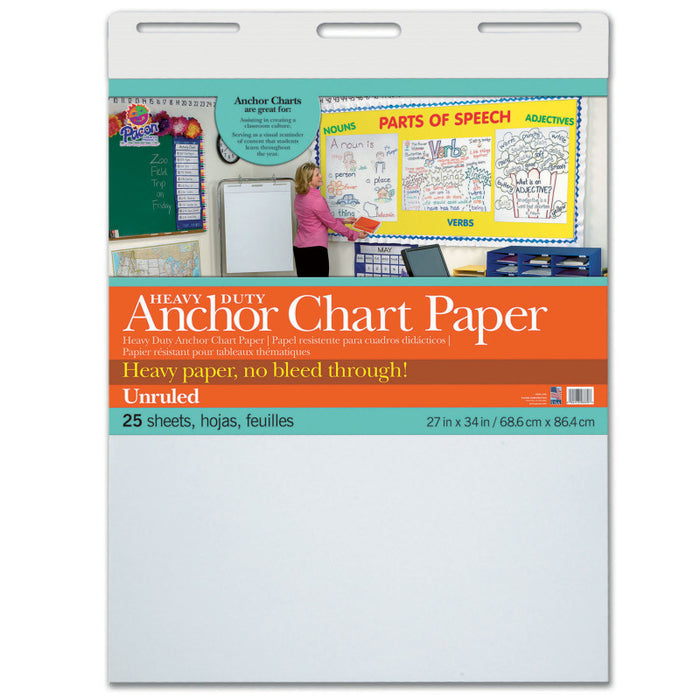 Pacon PAC3370 Heavy Duty Anchor Chart Paper, Non-Adhesive, White, Unruled 27" x 34", 25 Sheets