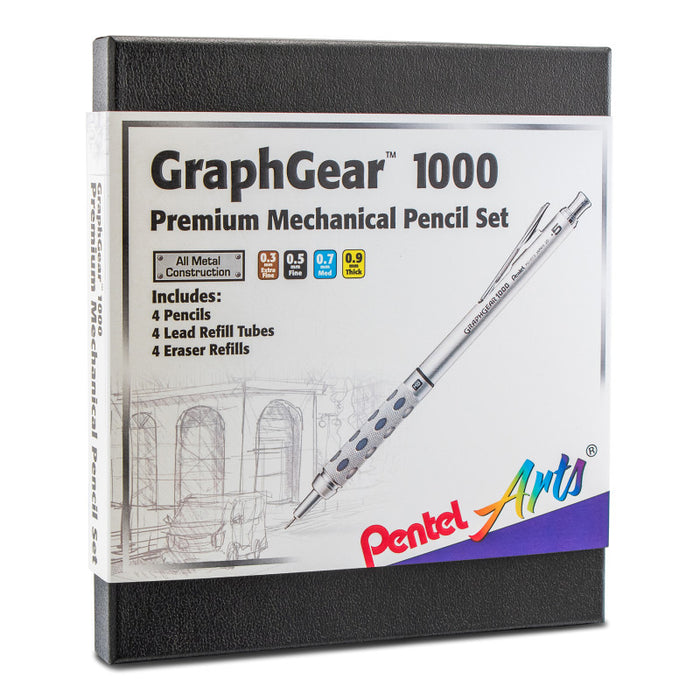 Pentel Arts PTAPG1000BXSET GraphGear 1000 Premium Mechanical Pencil Set, 4 Assorted Lead Sizes, Refill Erasers, Assorted Gift Box Set