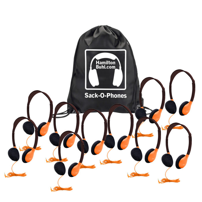HamiltonBuhl HECSOPHA2ORG Sack-O-Phones, 10 Personal Headphones in a Carry Bag, Orange