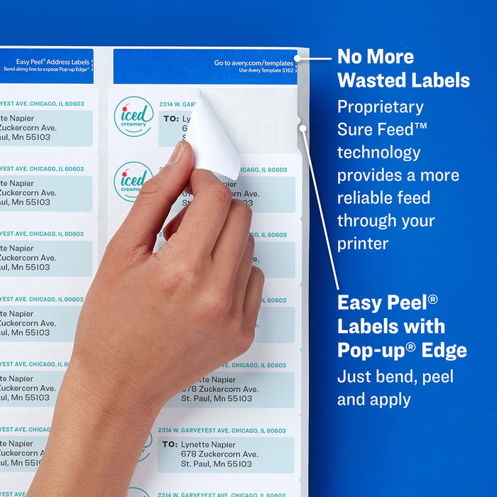 Avery AVE8160 Easy Peel Address Labels, Sure Feed&trade; Technology, Permanent Adhesive, 1" x 2-5/8", 750 Labels