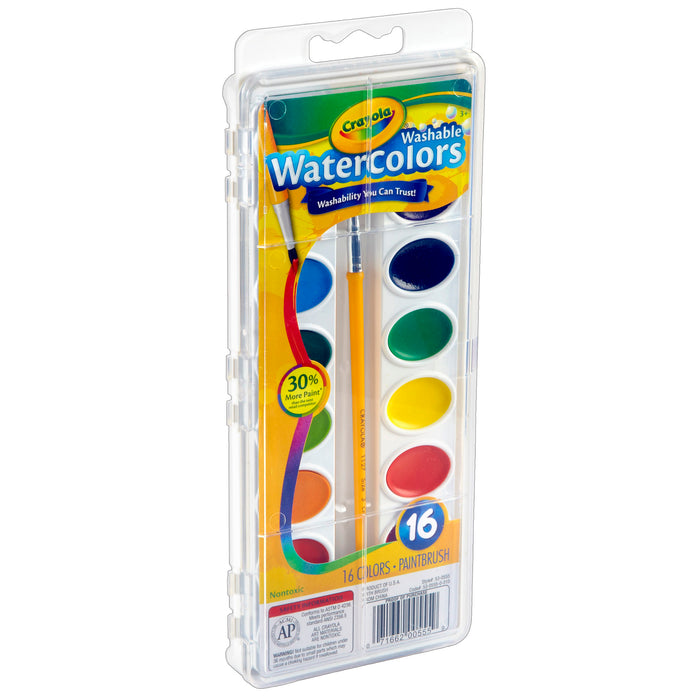 Crayola BIN530555 Washable Watercolors, 16 Semi-Moist Oval Pans & Brush