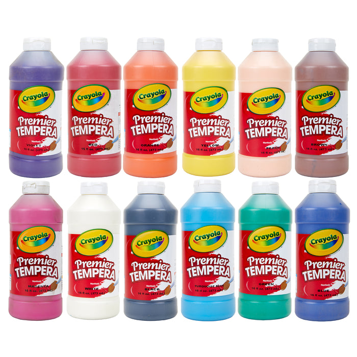 Crayola BIN548516 Premier Tempera Paint Set, 16 oz. Assorted Colors, Set of 12
